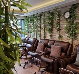 Reflexology lounge with leather recliners and bamboo