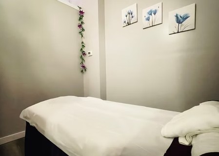 Bright treatment room with floral prints